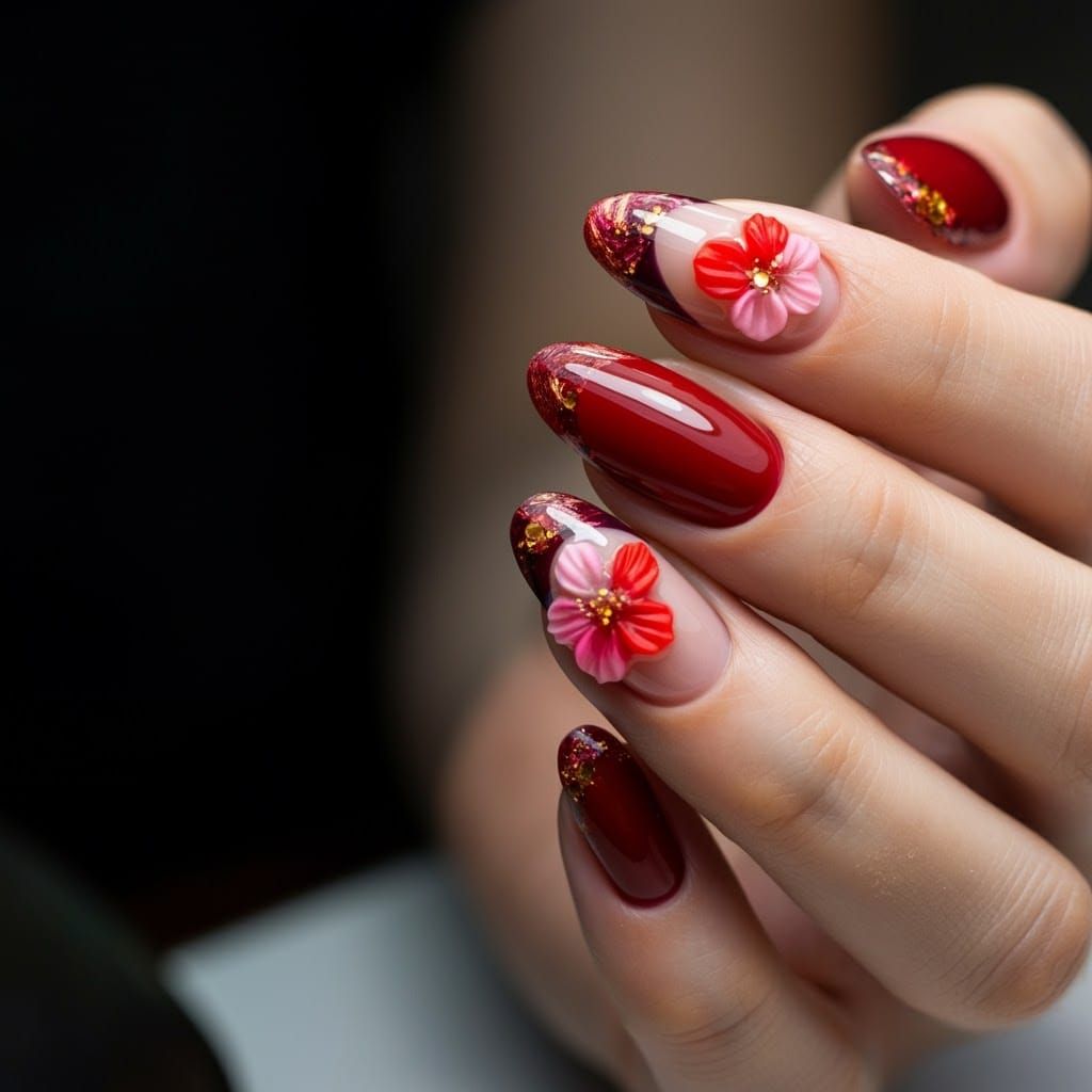 Detailed Red and Gold Nail Art with 3D Flowers