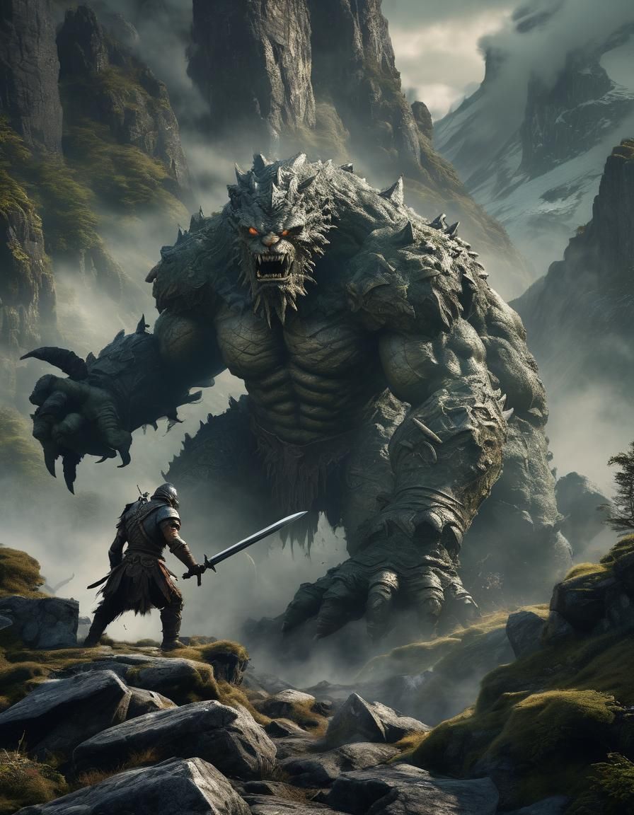 Warrior vs Stone Monster in Epic Landscape