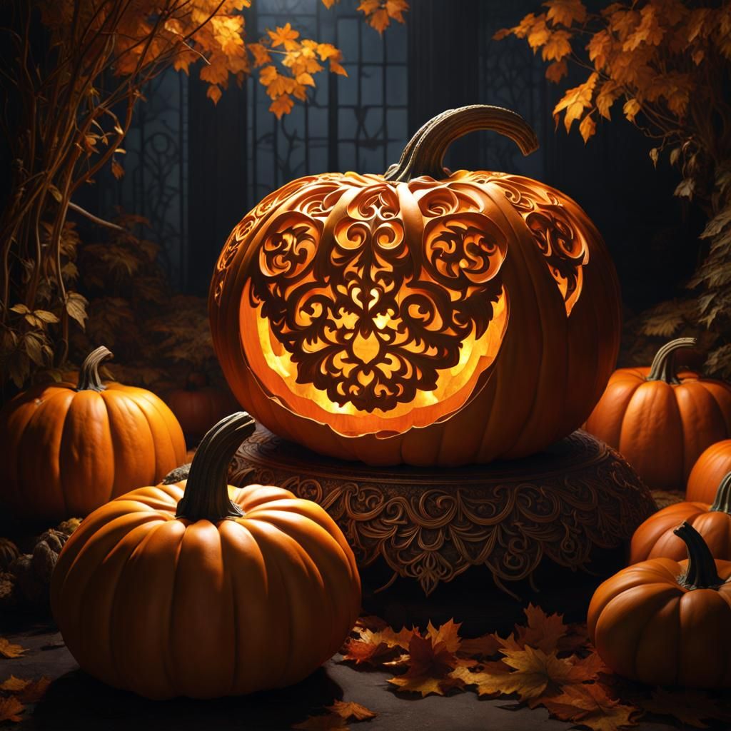 Hyperdetailed Pumpkin Carving with Intricate Filigree