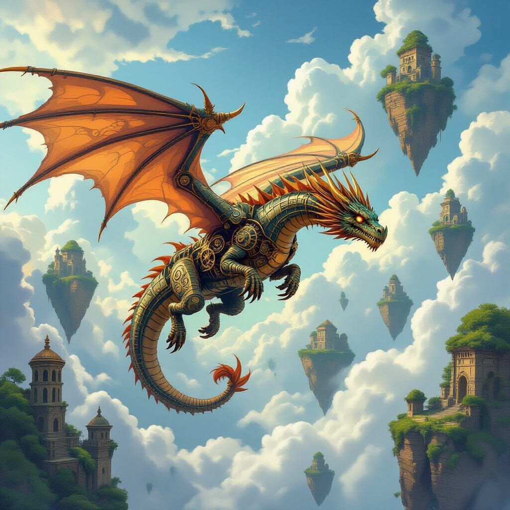 Clockwork Dragon Soars Over Mossy Floating Islands