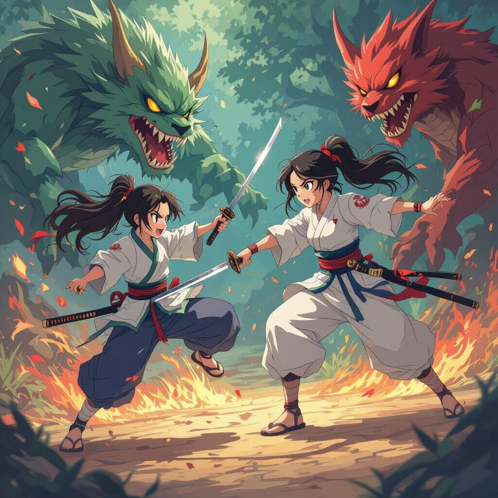 Anime Action Scene: Rumi and Zoey Battle Monsters with Katan...