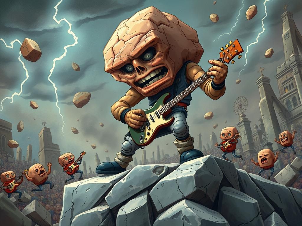 Rock Guitarist with Boulder Head, Surreal Cartoon