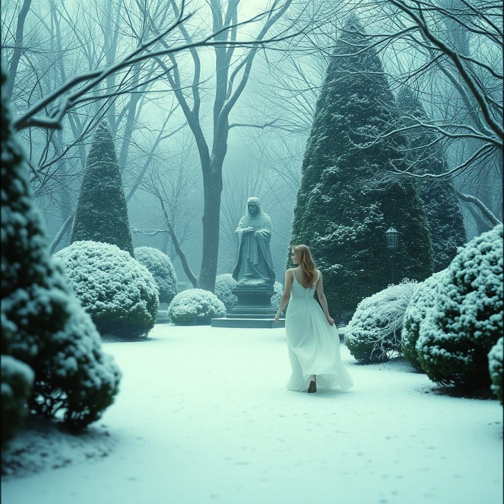 Ethereal Lady in Misty Garden, Cinematic Film Still