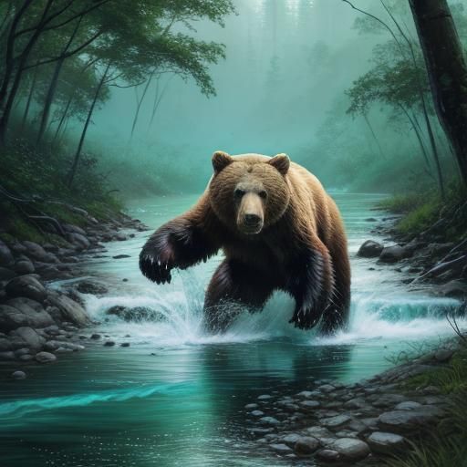 Bear Fishing in Serene River: Wildlife Concept Art