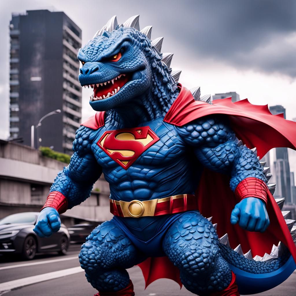Cartoon Godzilla as Superman in Urban Graffiti Art