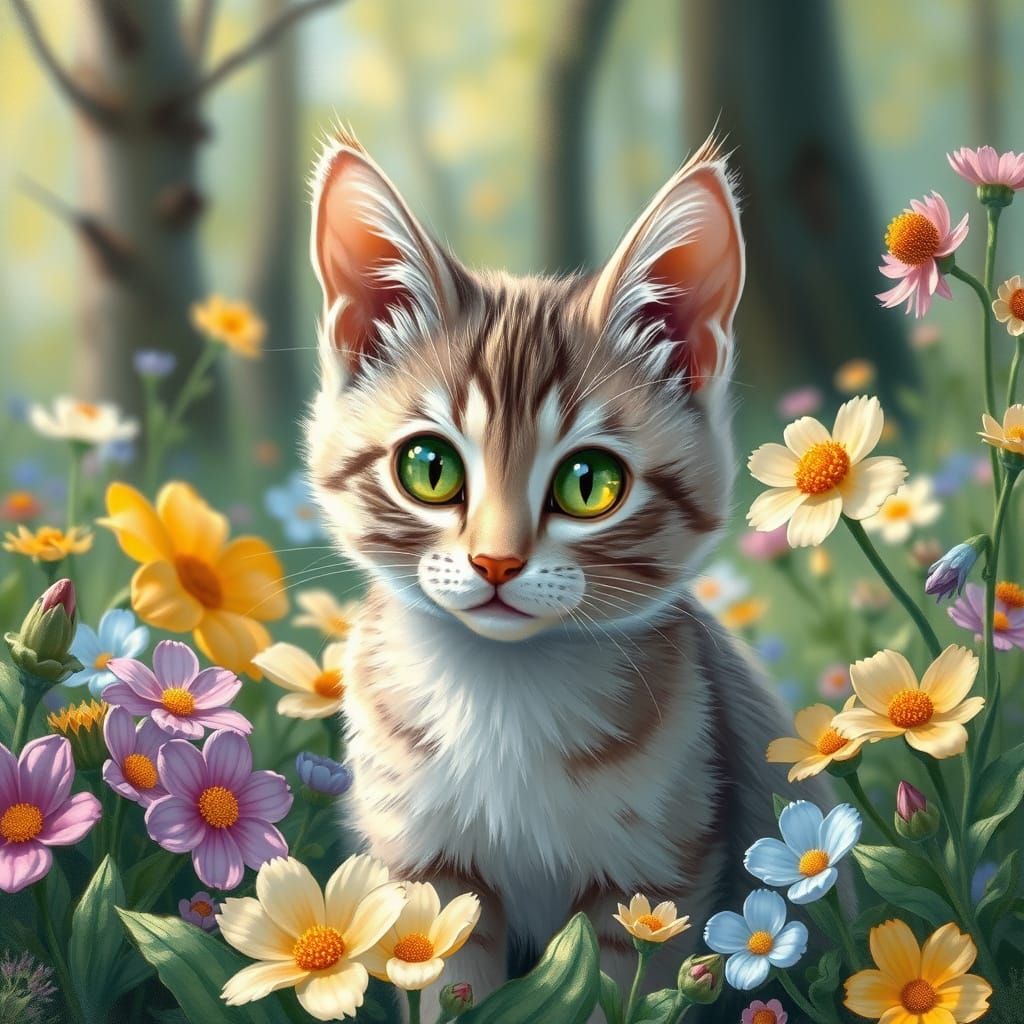 Curious Kitten in Vibrant Impressionistic Spring Forest