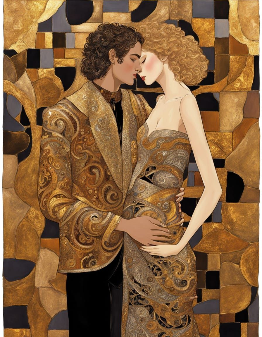 Embracing Couple in Klimt-Inspired Byzantine Mosaic