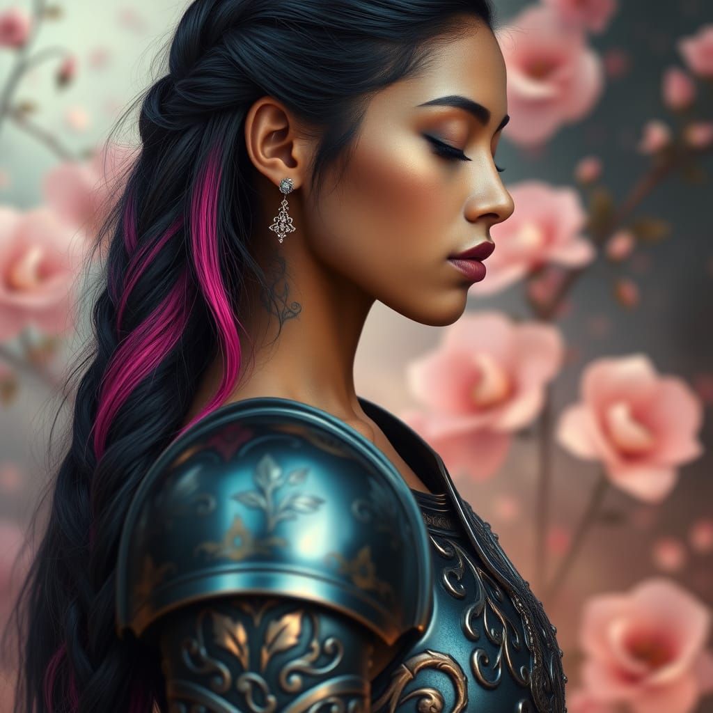 Woman in Fantasy Armor with Bioluminescent Tattoos