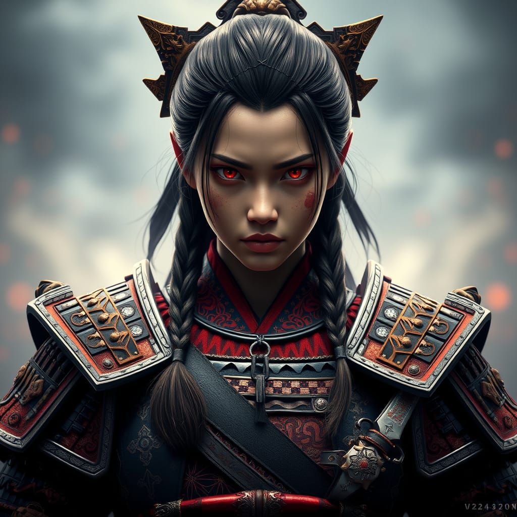 Surreal Samurai Warrior in Elegant Armor Stands Defiantly