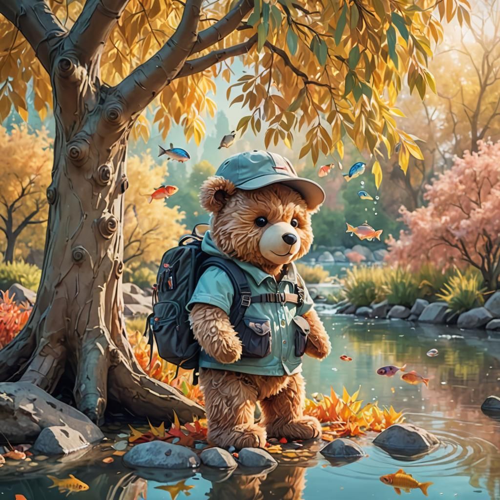 Teddy Bear's Surreal Autumn Adventure in Digital Art