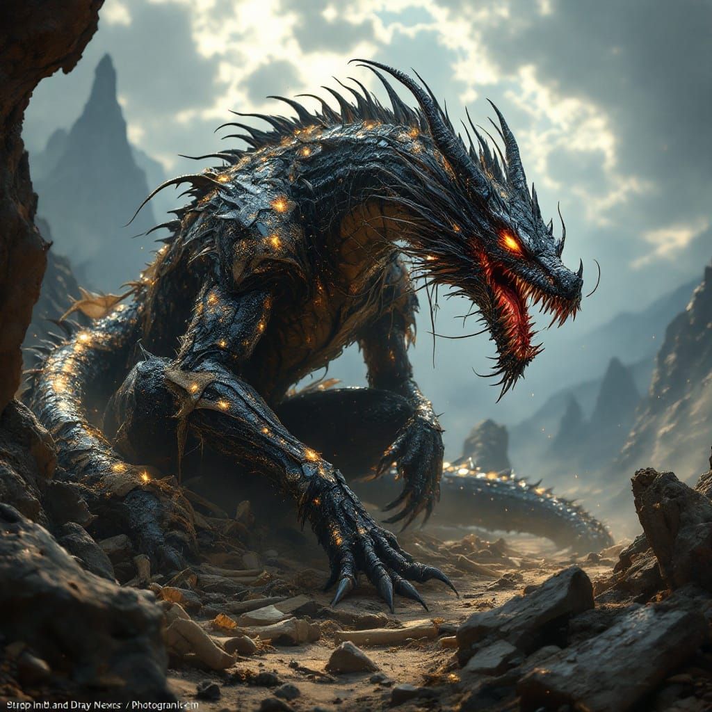 Hostile Dragon in Shimmering Black-Gold Sequins