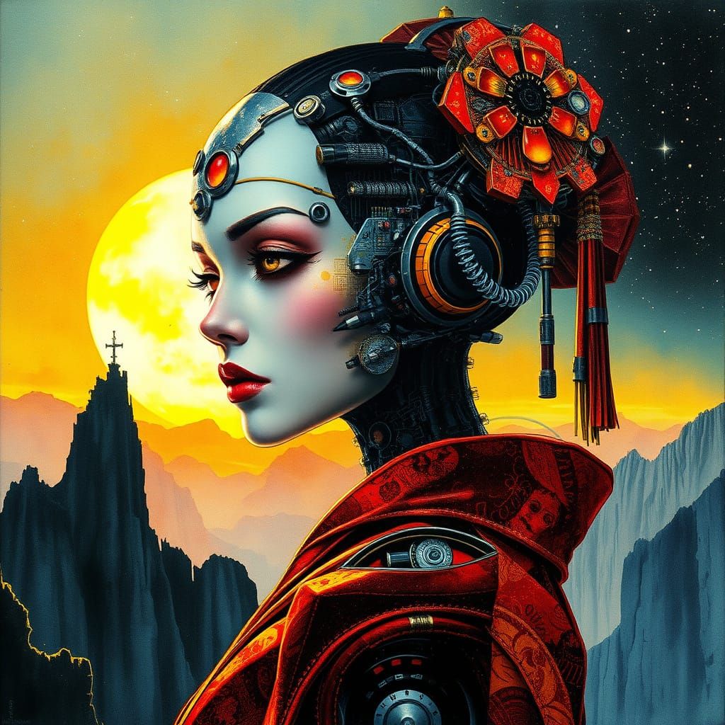 Android Geisha in Retro Futuristic Dystopian Setting