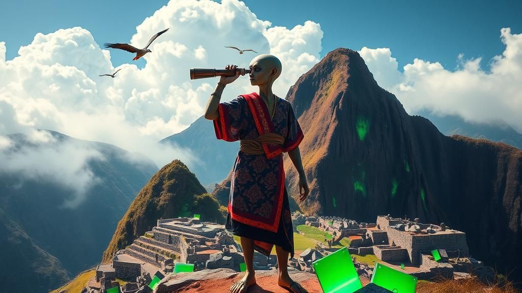 Alien Observes Luminous Machu Picchu, Surrealist Style