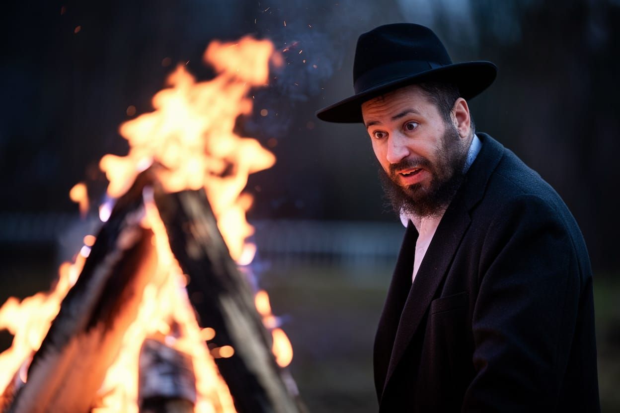 Shocked Orthodox Man Beside Bonfire Photo