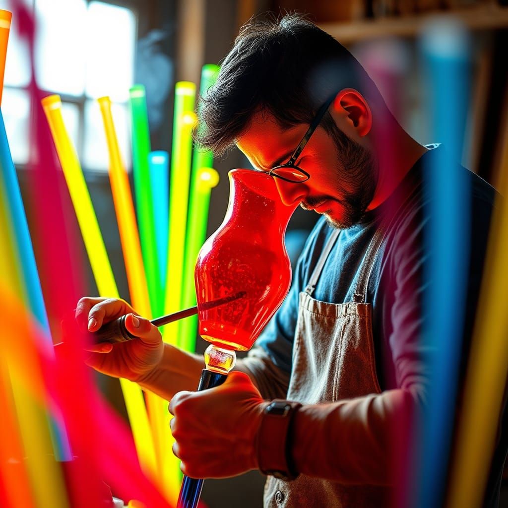 Glass Blower Crafting Fluorescent Lamp with Vivid Colors