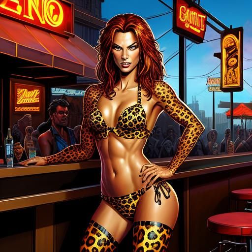 Leopard Bikini Model Striptease: Comic Book Art