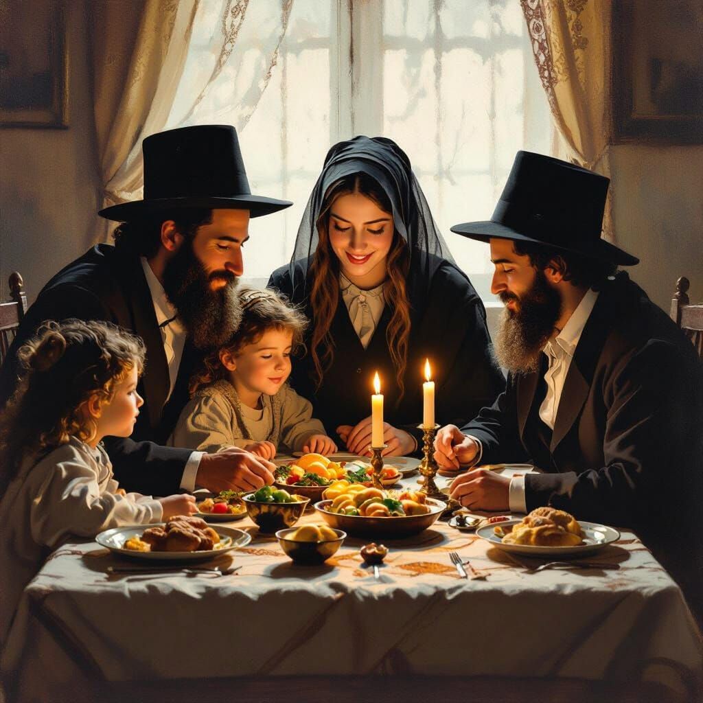 Shabbat Dinner: Haredi Family in Rembrandt Style