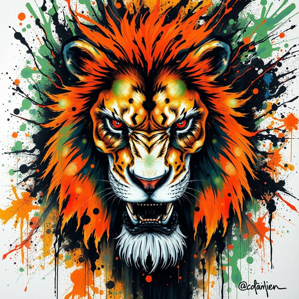 Terrifying Ghost Lion in Splatter Ink Painting