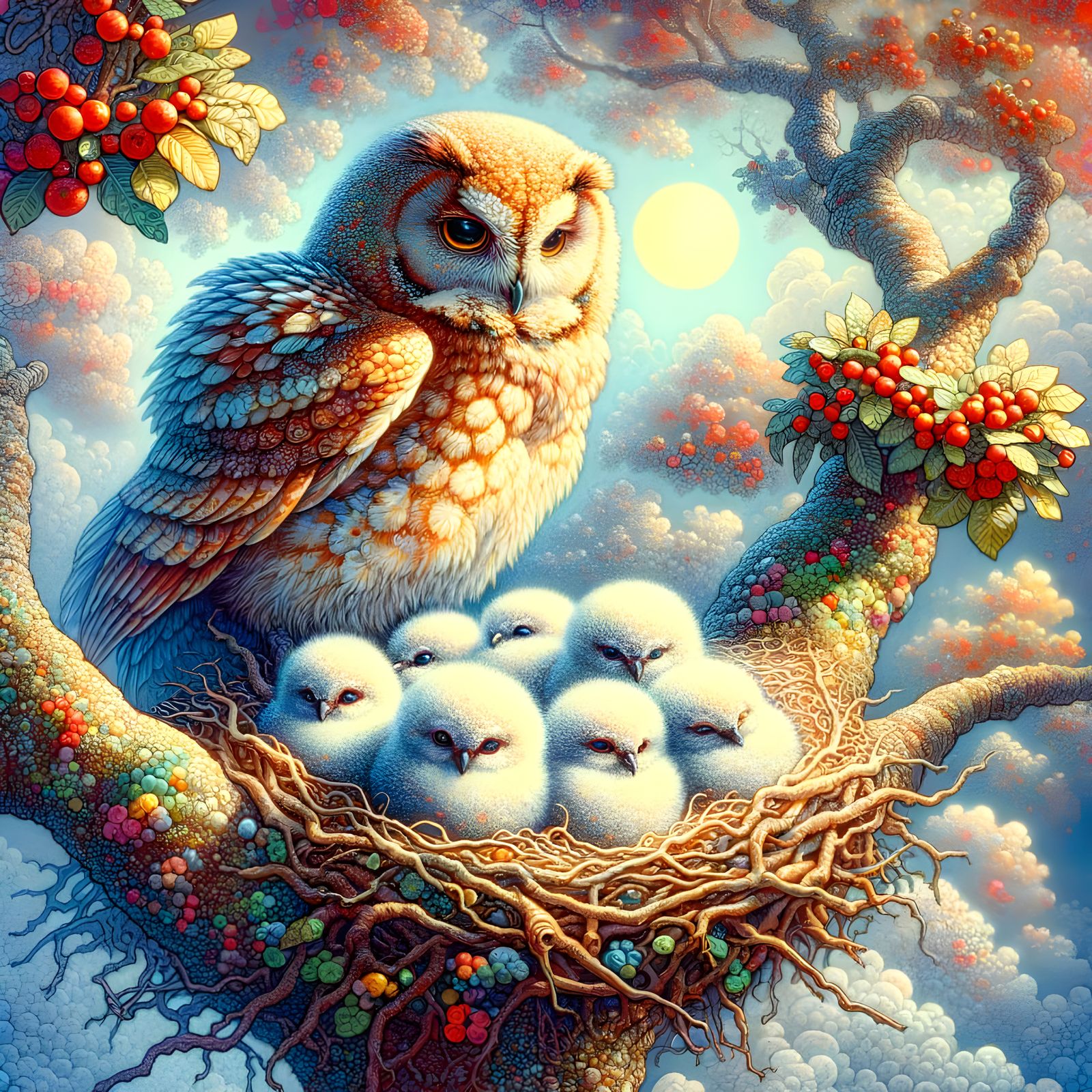 Maternal Owl and Owlets in Spring Tree
