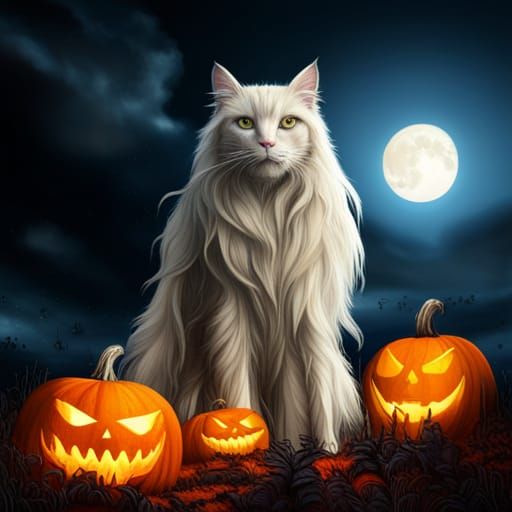 Epic White Cat in Armor with Halloween Imagery