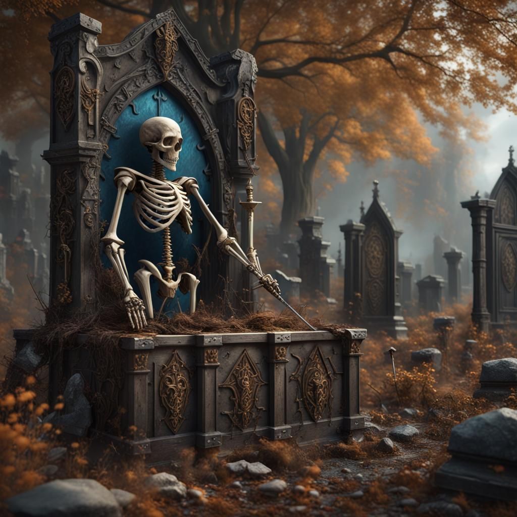 Skeletons Guard Graveyard in Detailed Matte Painting
