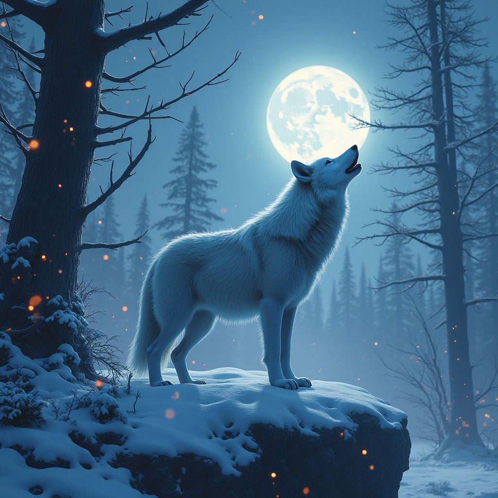 Arctic Wolf Howling at Moon, Digital Matte Painting
