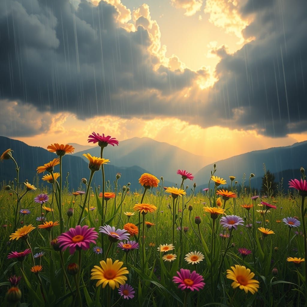 Wildflowers in Summer Rain, Dreamy Art Style