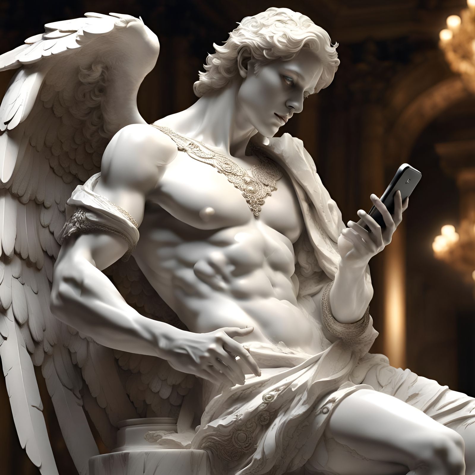 Angel Sculpture with Cell Phone in Marble Style
