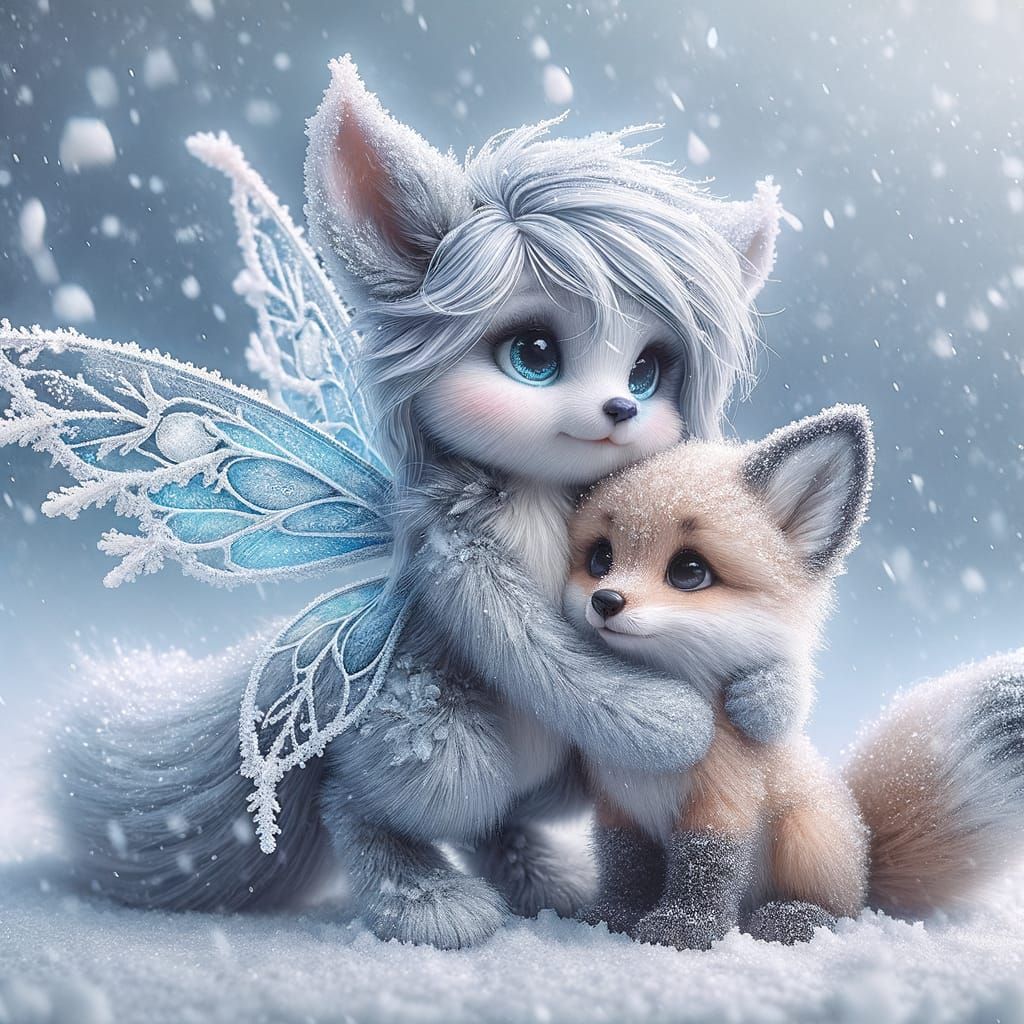 Frost Fae and Fox Pup Friendship in Snow