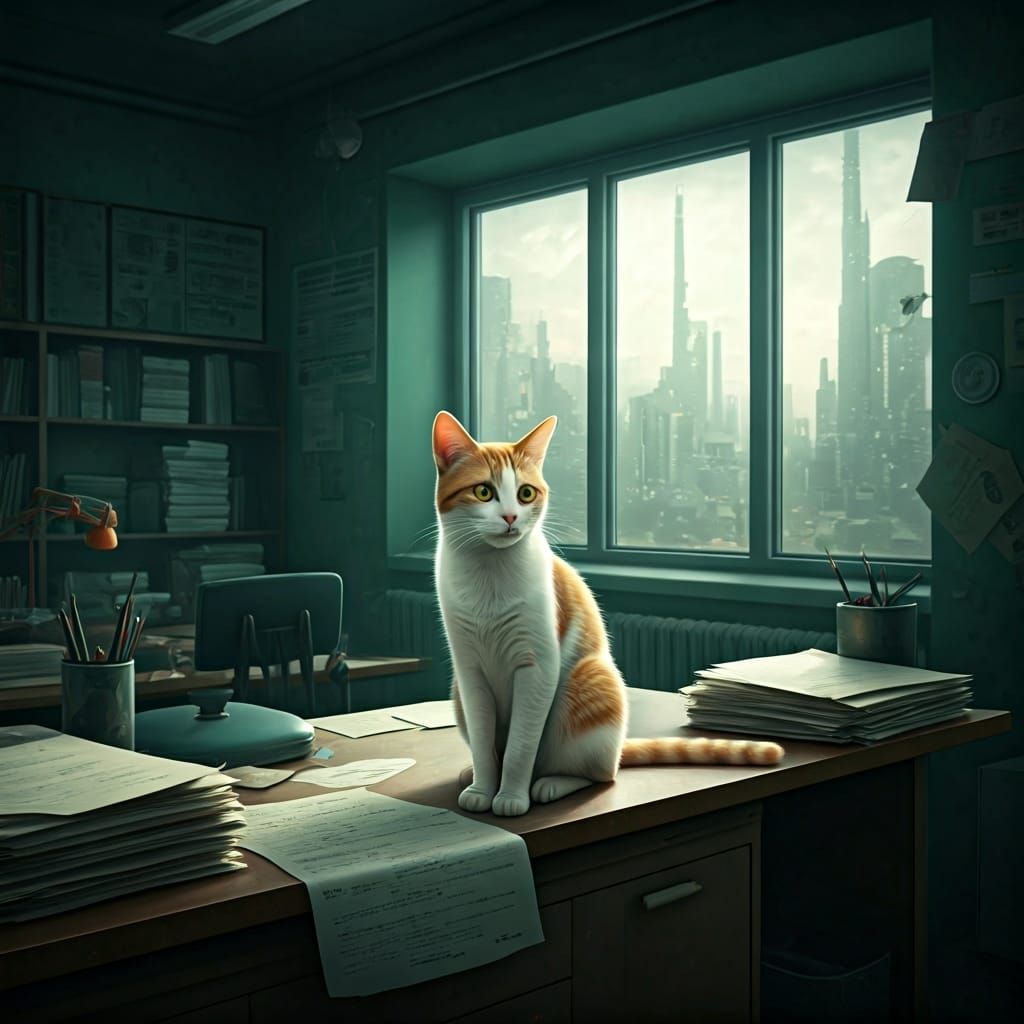 Ginger Cat in Cluttered Office: Matte Painting