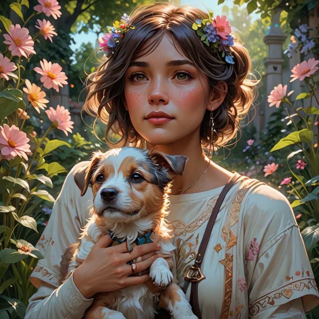 Woman and Dog in Nature's Therapy Garden