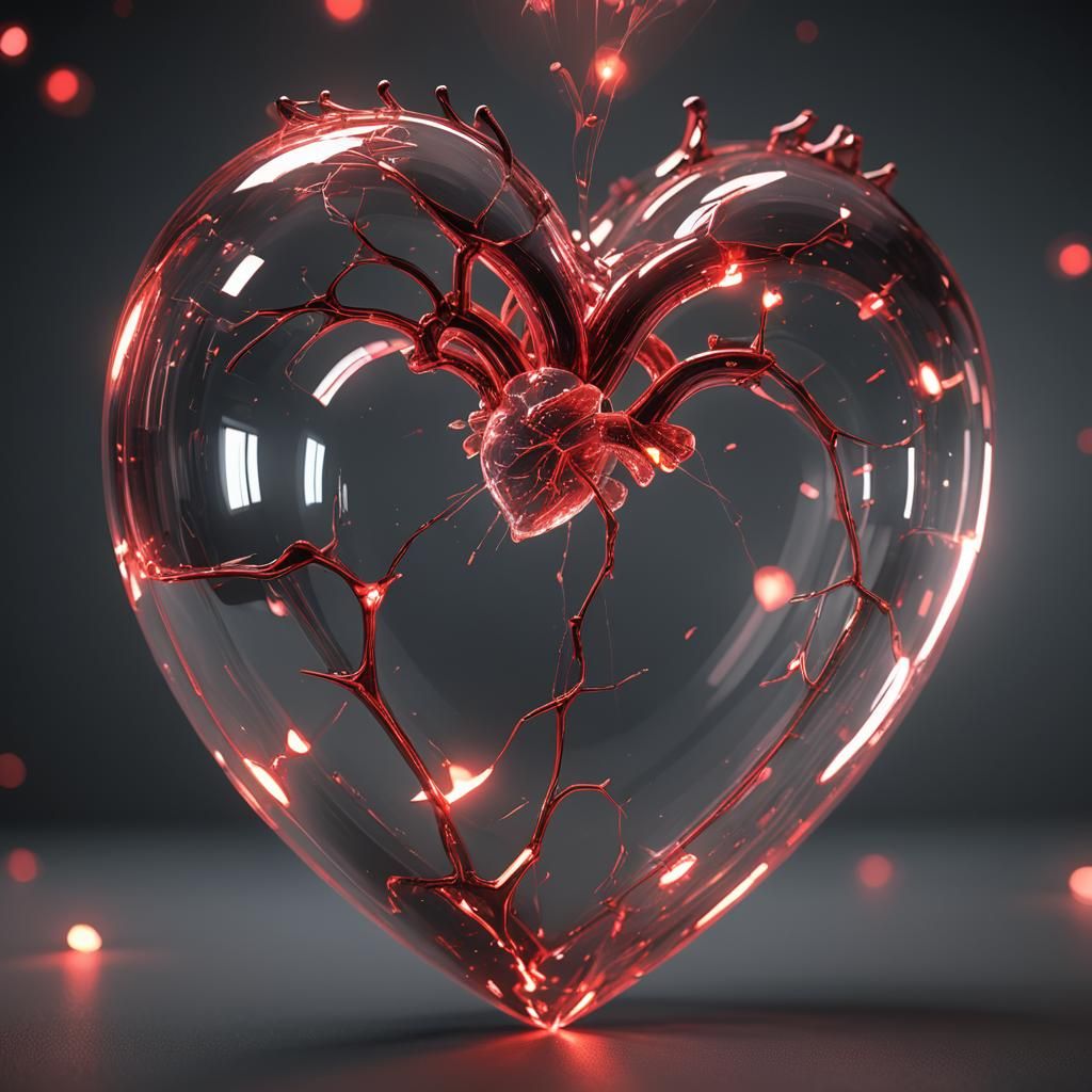 Glass Heart with Red Light in 3D Render