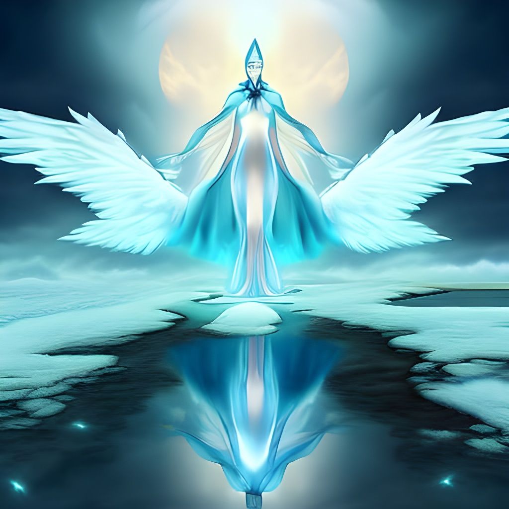 Icy Wasteland Angel with Spread Wings in Digital Art