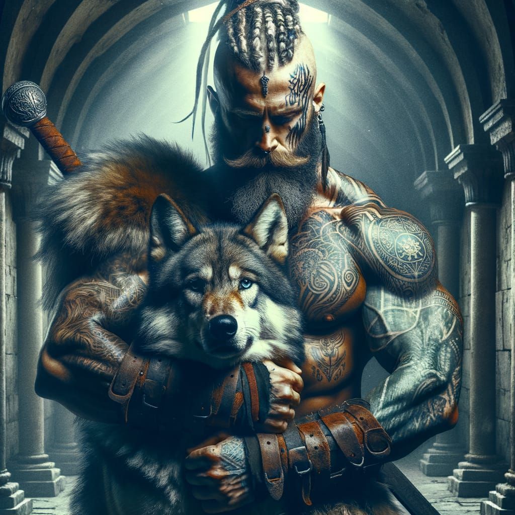Viking Warrior's Grungy Oil Painting of Love for Wolf