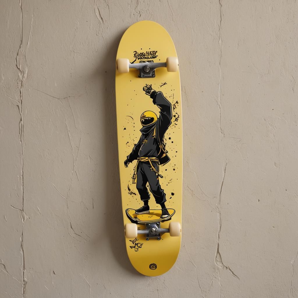 Whimsical Ninja Vector Art on Yellow Skateboard Deck