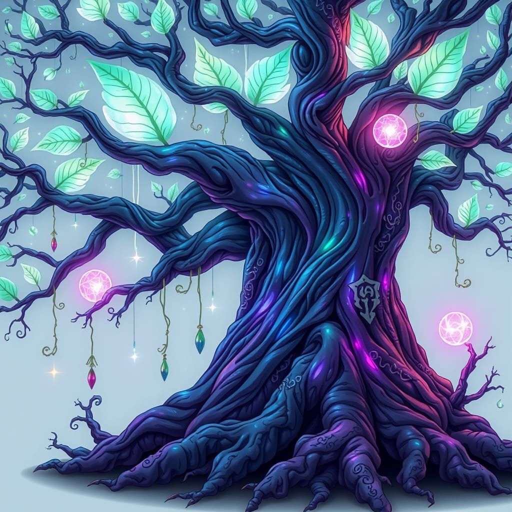 Ancient Fantasy Tree with Twisted Trunk and Radiant Vines
