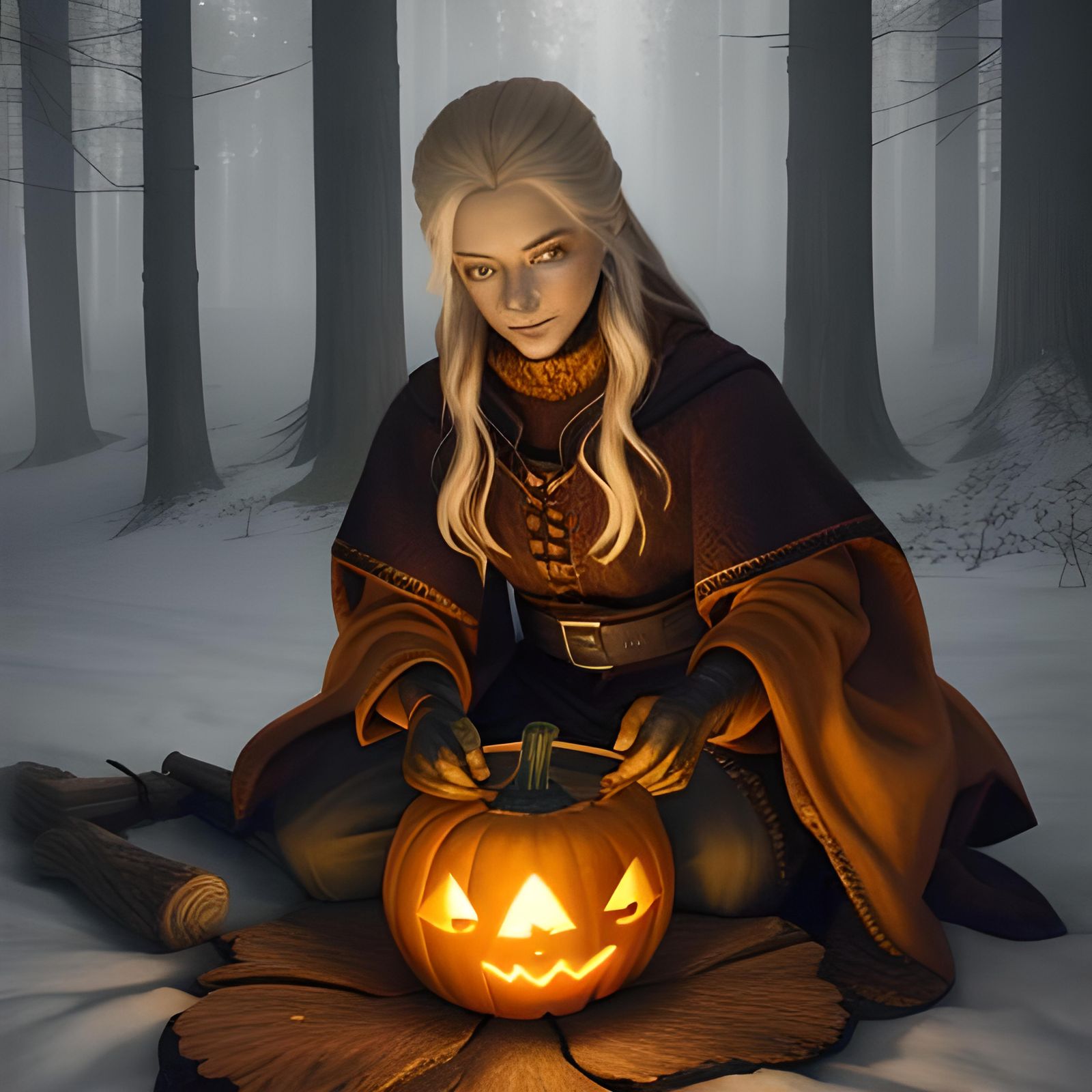 Nordic Woman Carving Jack-o-Lanterns in 3D Anime Art