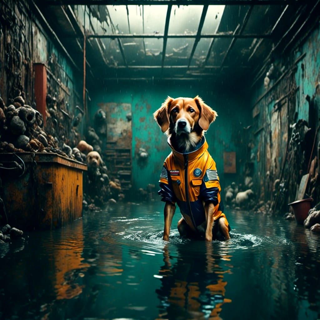 Dog in Flooded Garage: Dramatic Color Photo