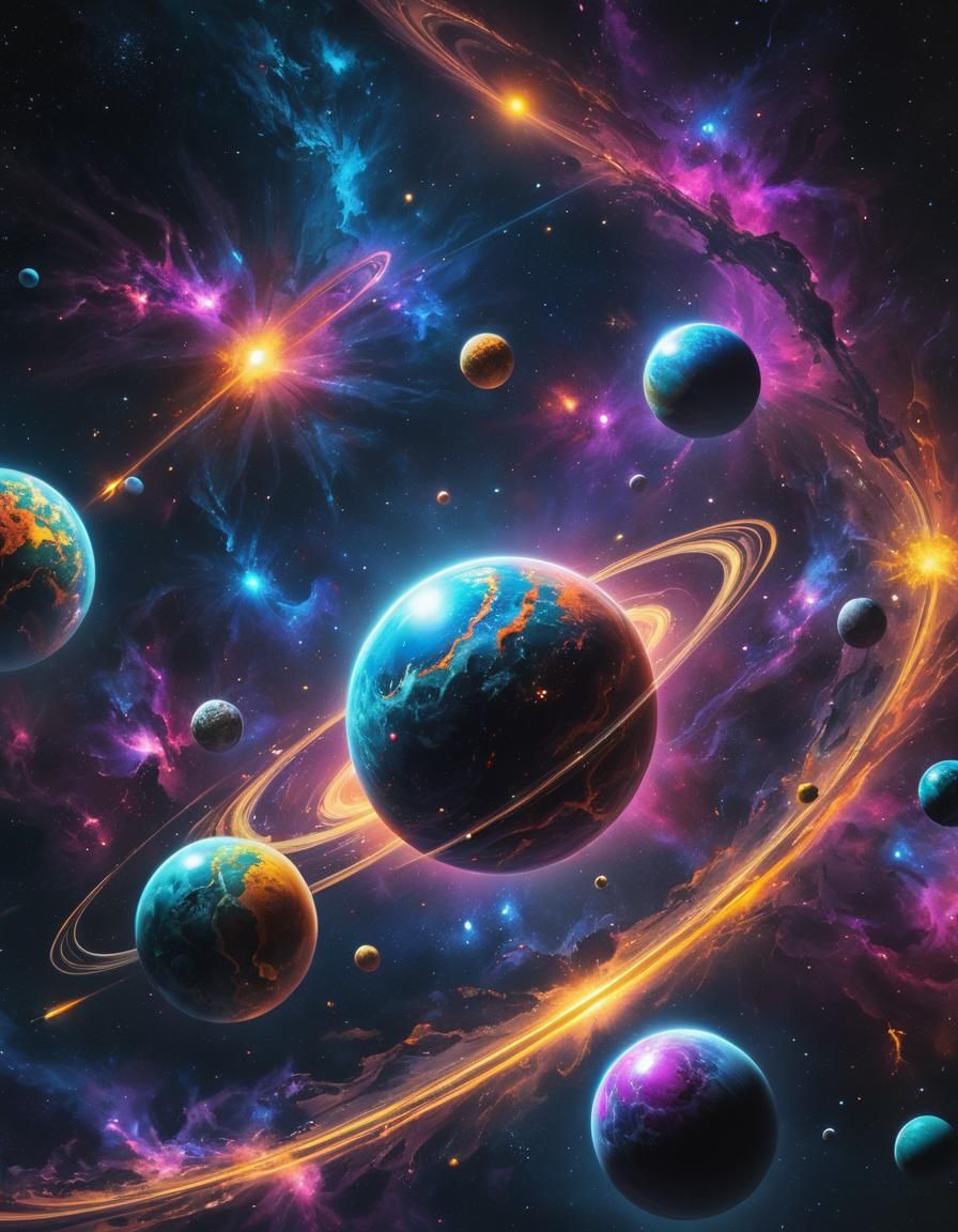 Neon Galaxy with Marble Planets in HDR