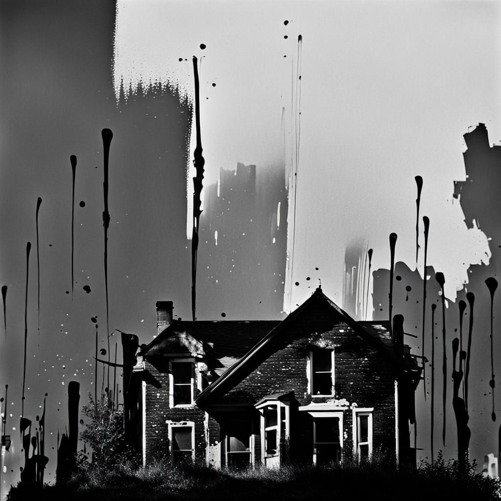 Grainy Black and White House in Abstract Expressionism