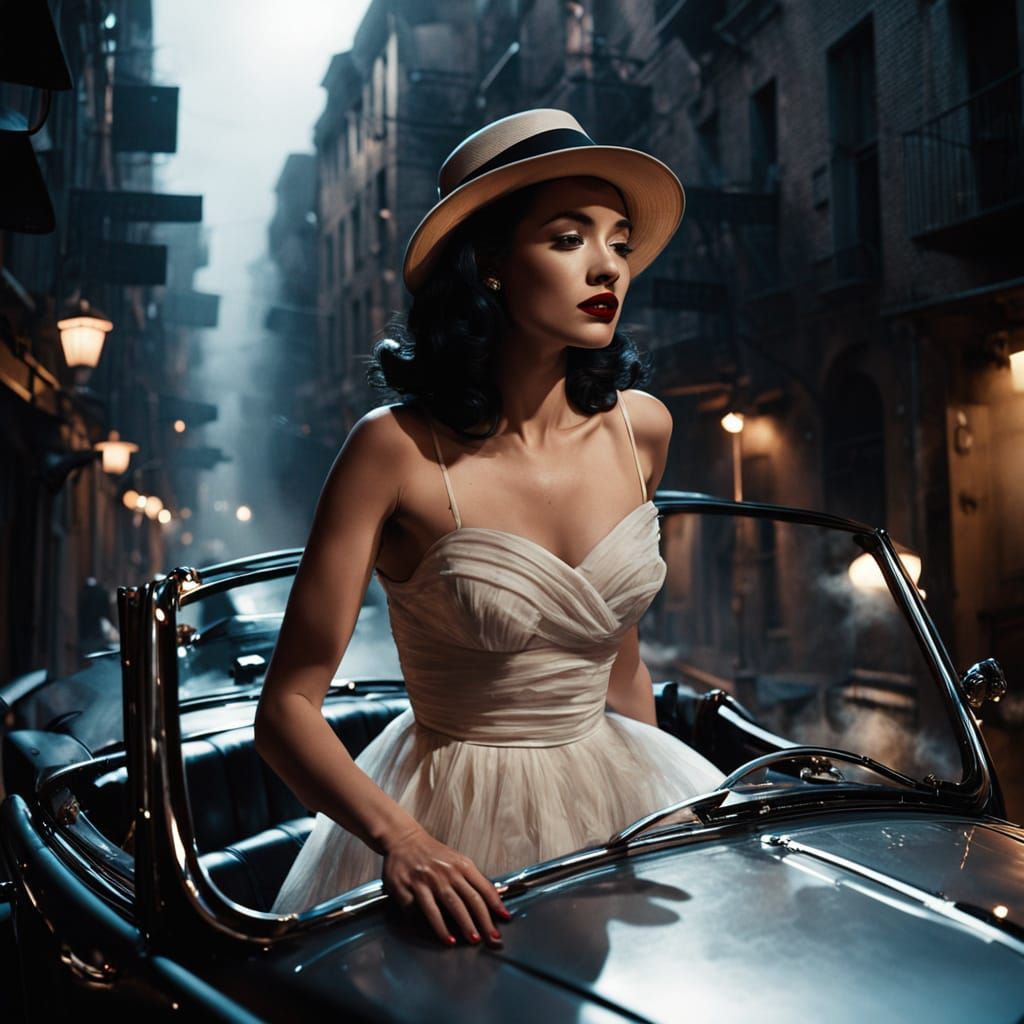 Film Noir Woman in Convertible, Moody Lighting