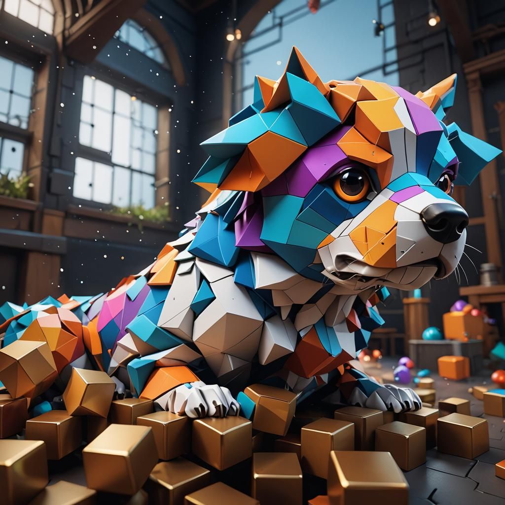 Escher-Inspired Geometric Dog in Dynamic Lighting