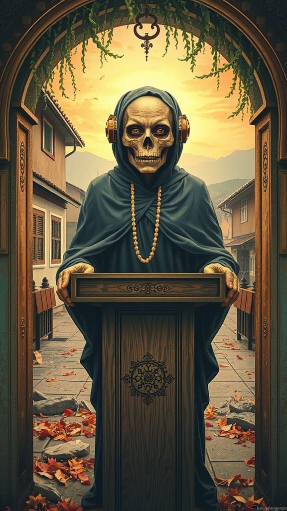 Dark Woman Embracing Destiny in Gothic Landscape