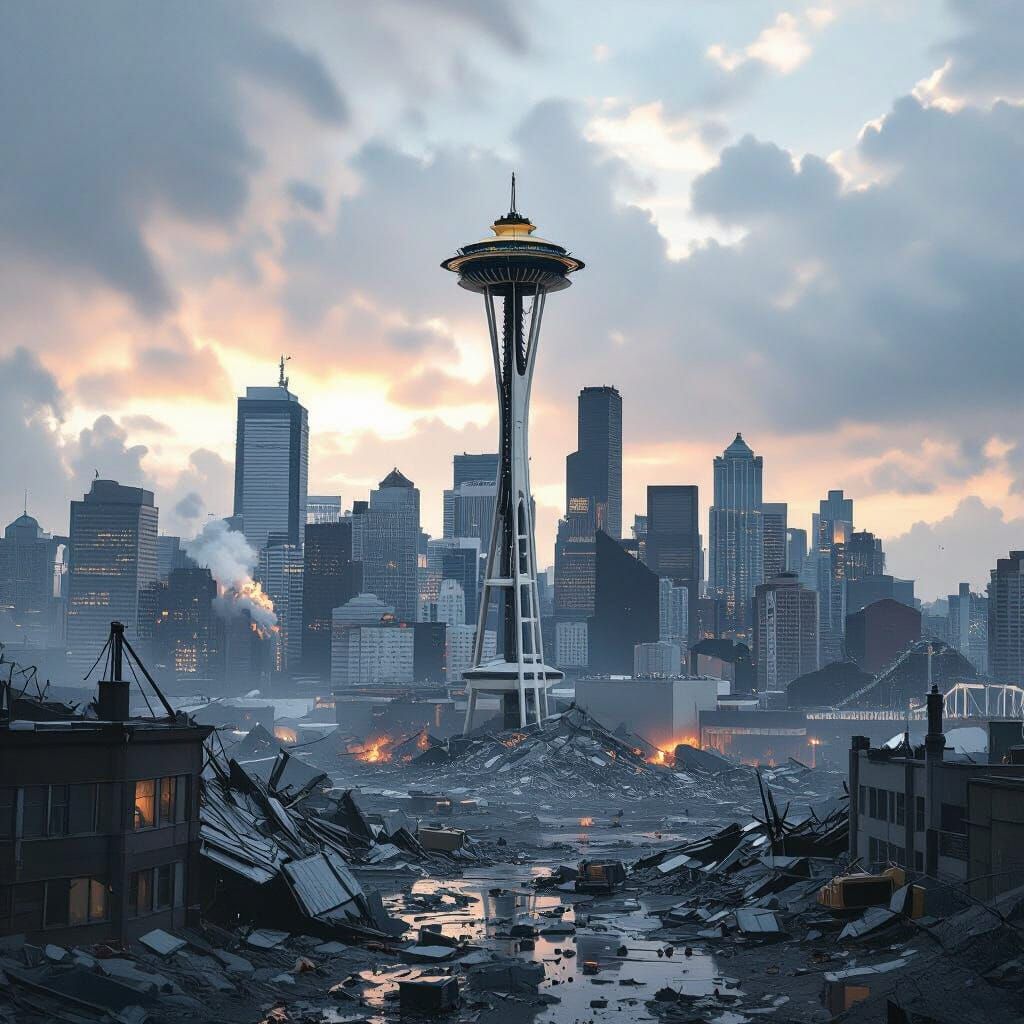 Dystopian Seattle Skyline in Ruins