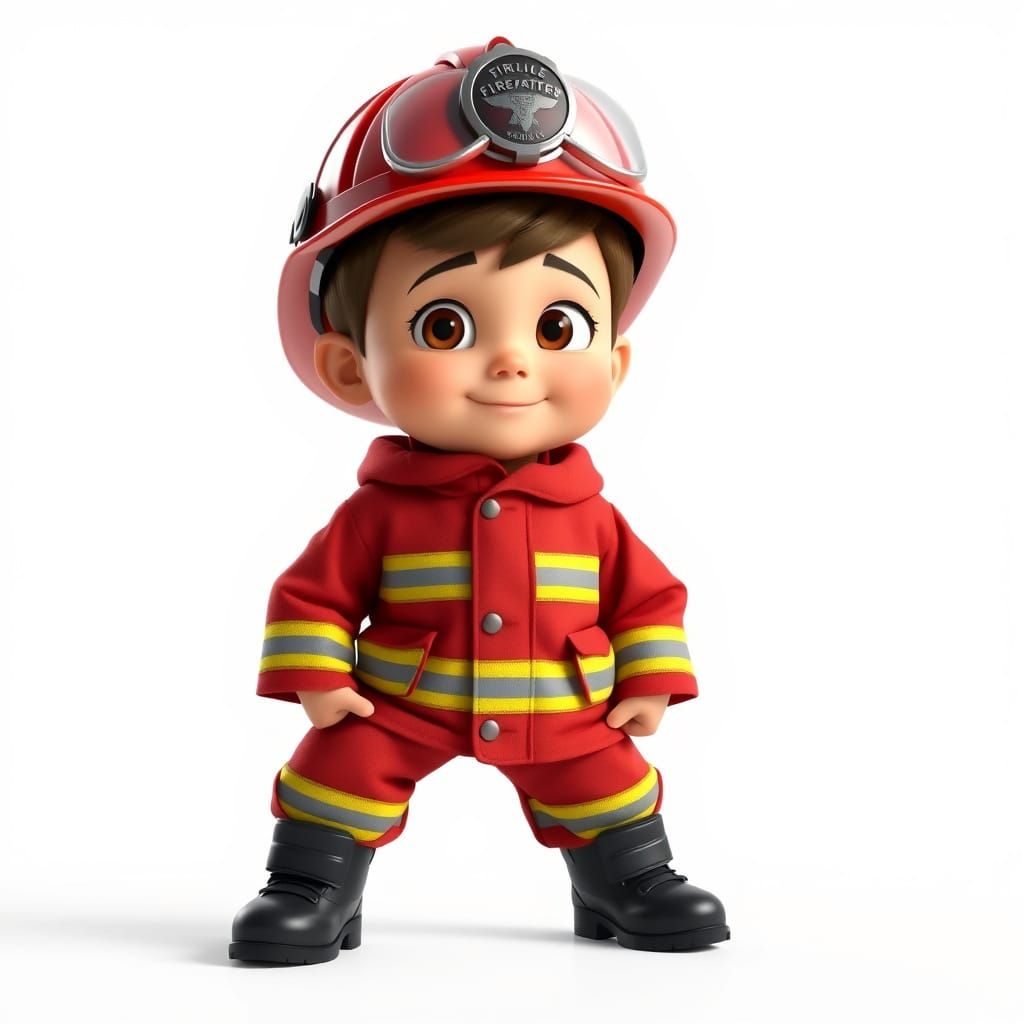 Animated Boy in Ultra-Realistic Firefighter Uniform