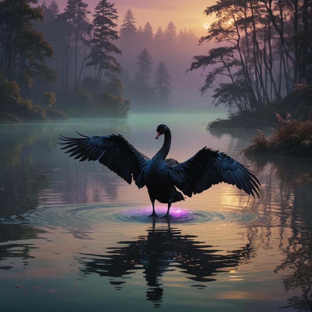 Black Swan Glides on Serene Lake