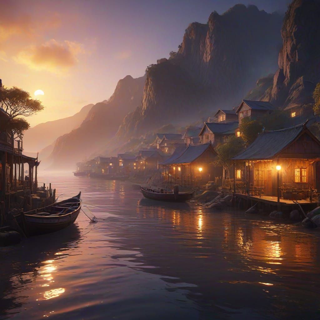 Ethereal Fishing Village Under Siege by Turbulent Seas in a ...