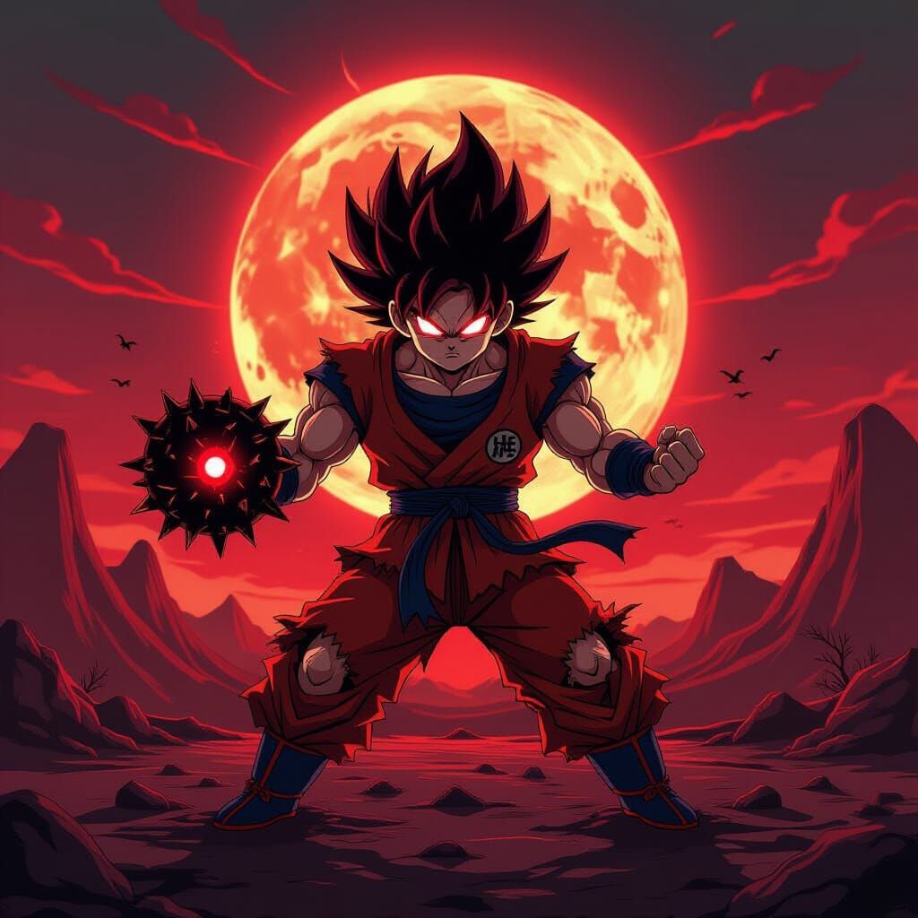Monstrous Goku Unleashes Dark Energy on Volcanic World