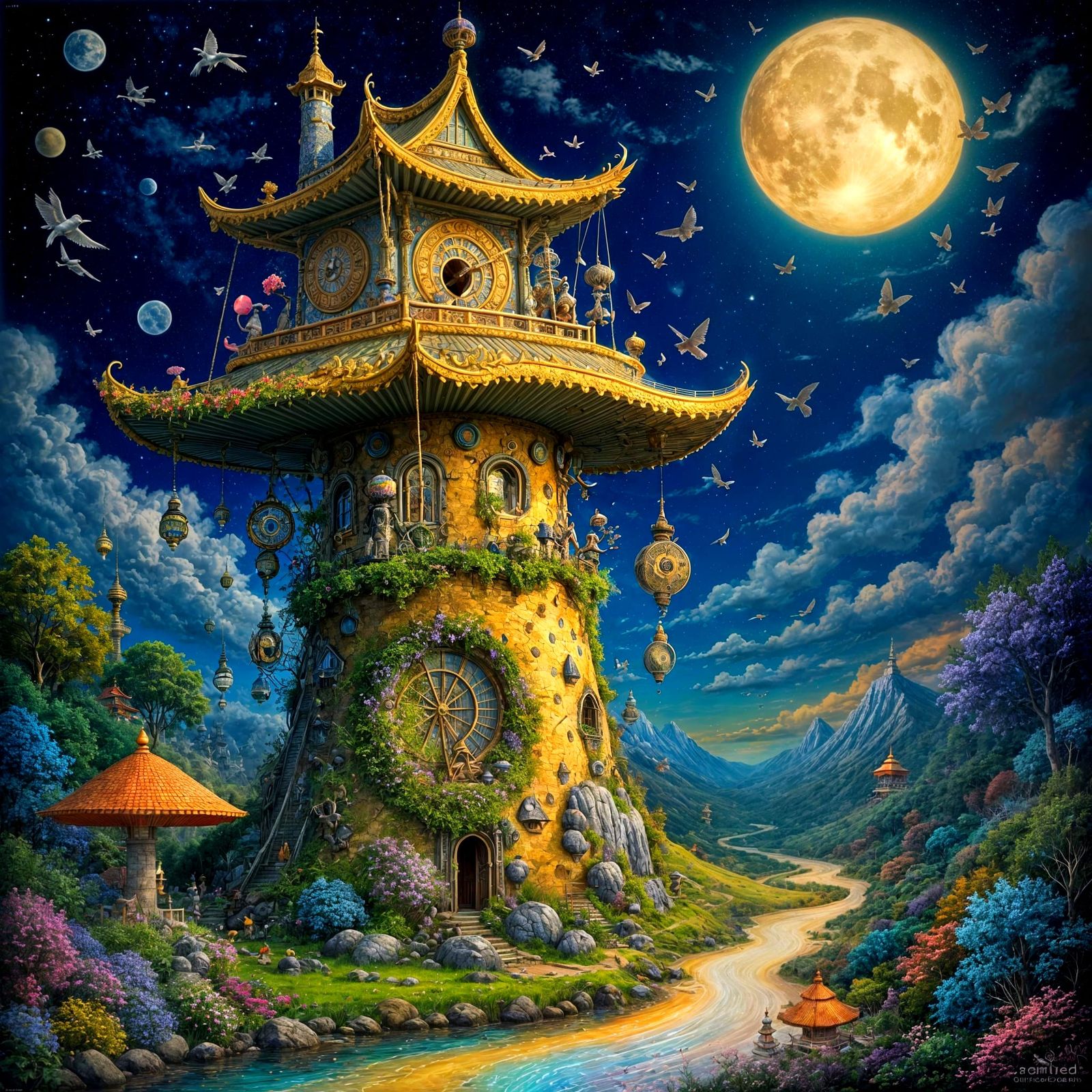 Surrealistic Pagoda in Whimsical Searle Art Style