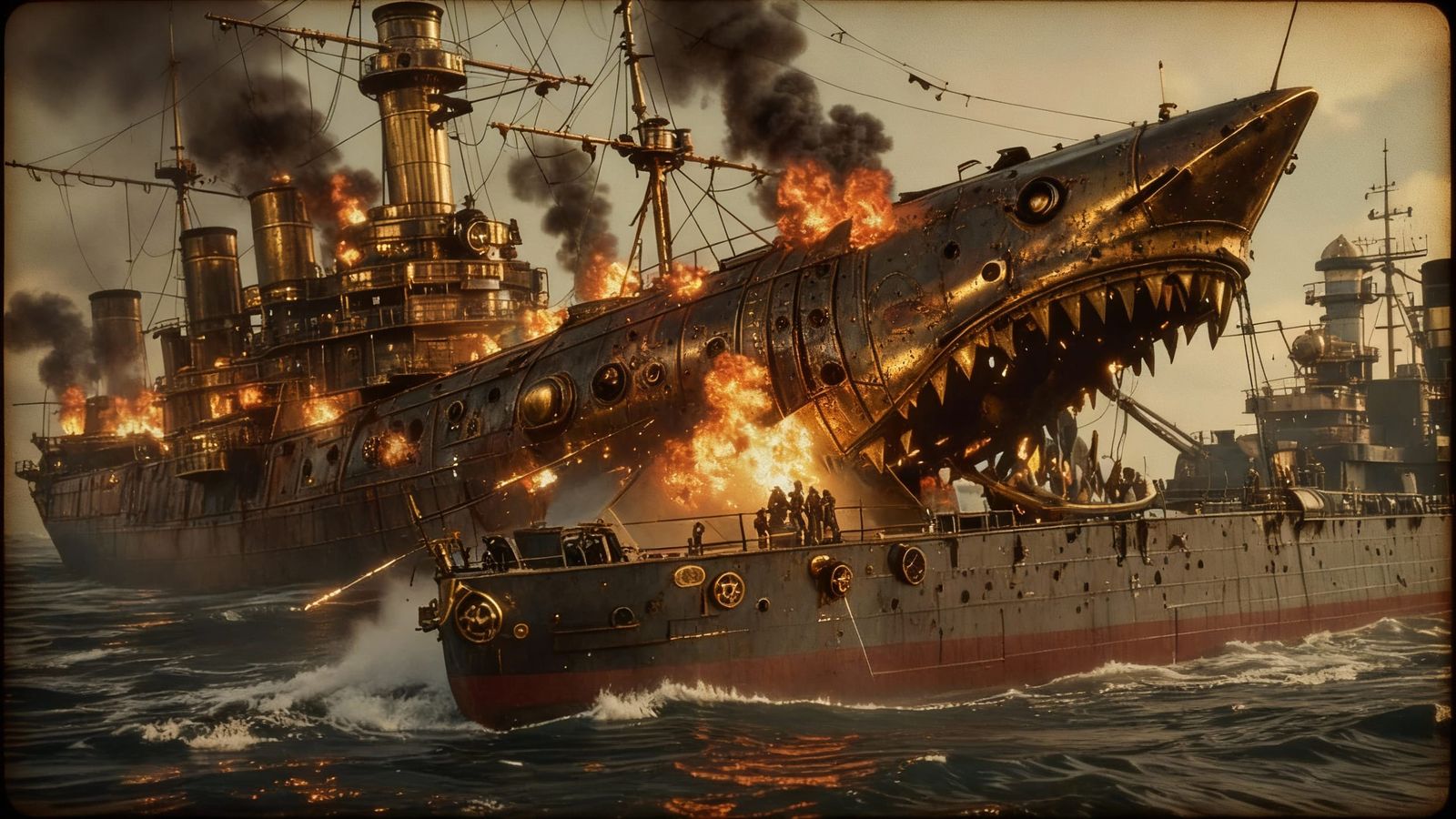 Steampunk Shark Battleship Engulfed in Flames